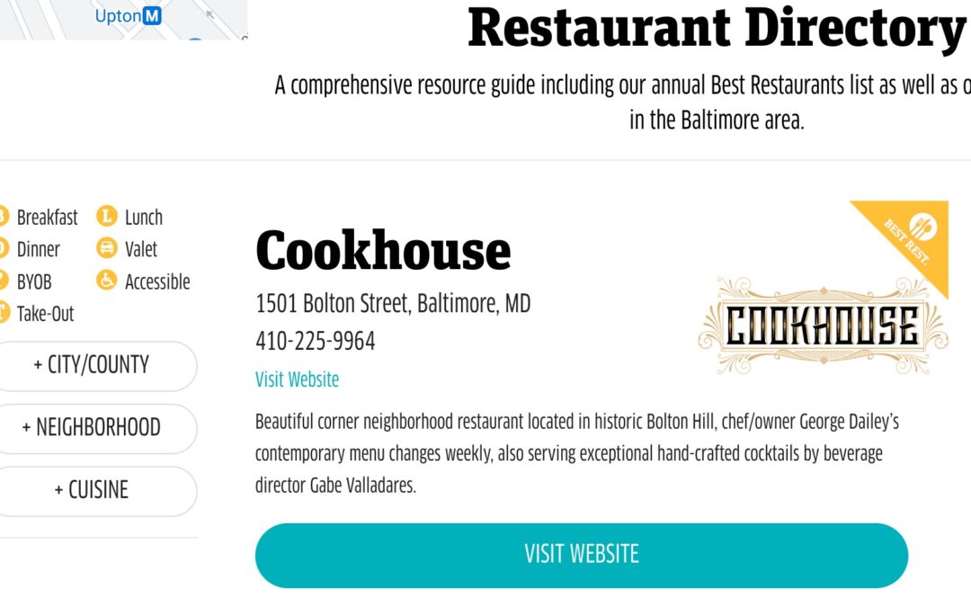 Baltimore Magazine: Cookhouse Feature Page