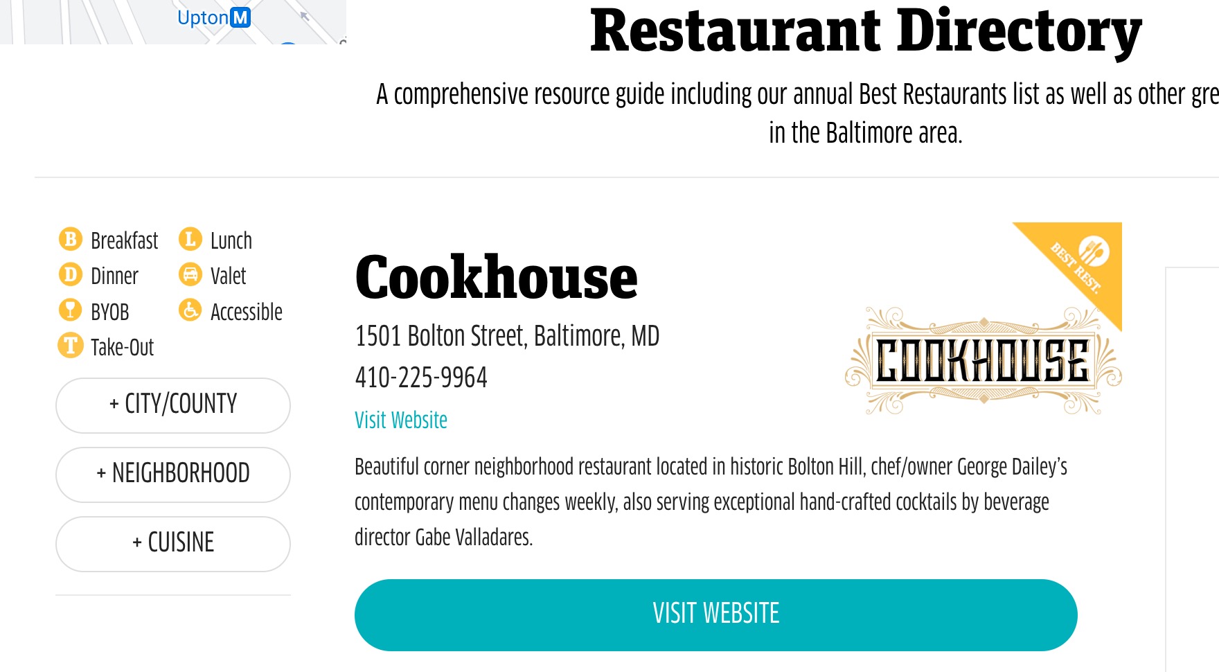 Baltimore Magazine business directory feature Cookhouse